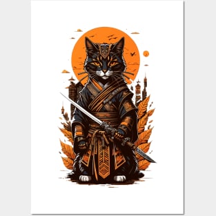 Yellow moon samurai cat Posters and Art